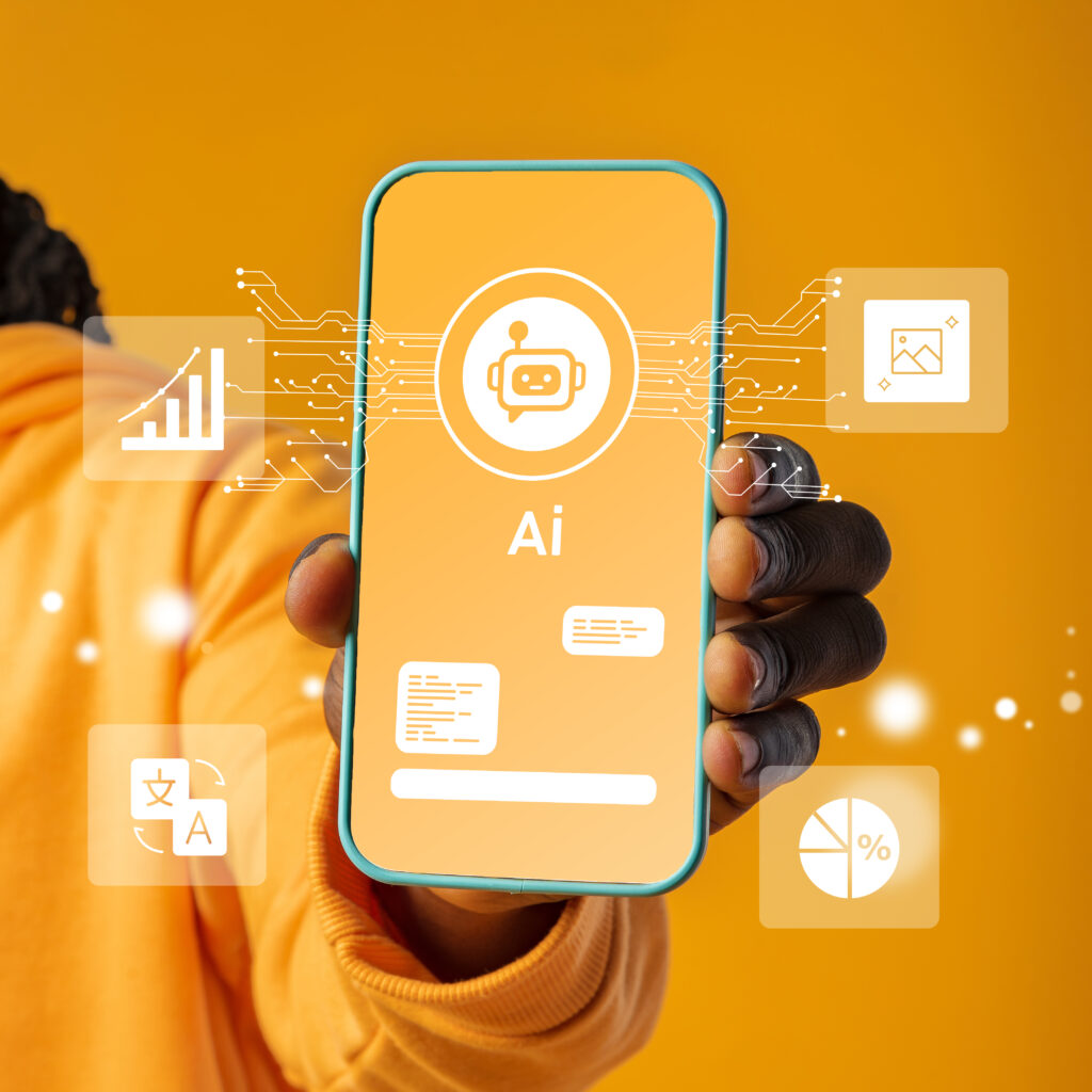 Mann hält Smartphone mit AI-Interface, Symbol für Chatbot und künstliche Intelligenz, umgeben von digitalen Icons für Daten, Übersetzung, Bilder und Statistiken
